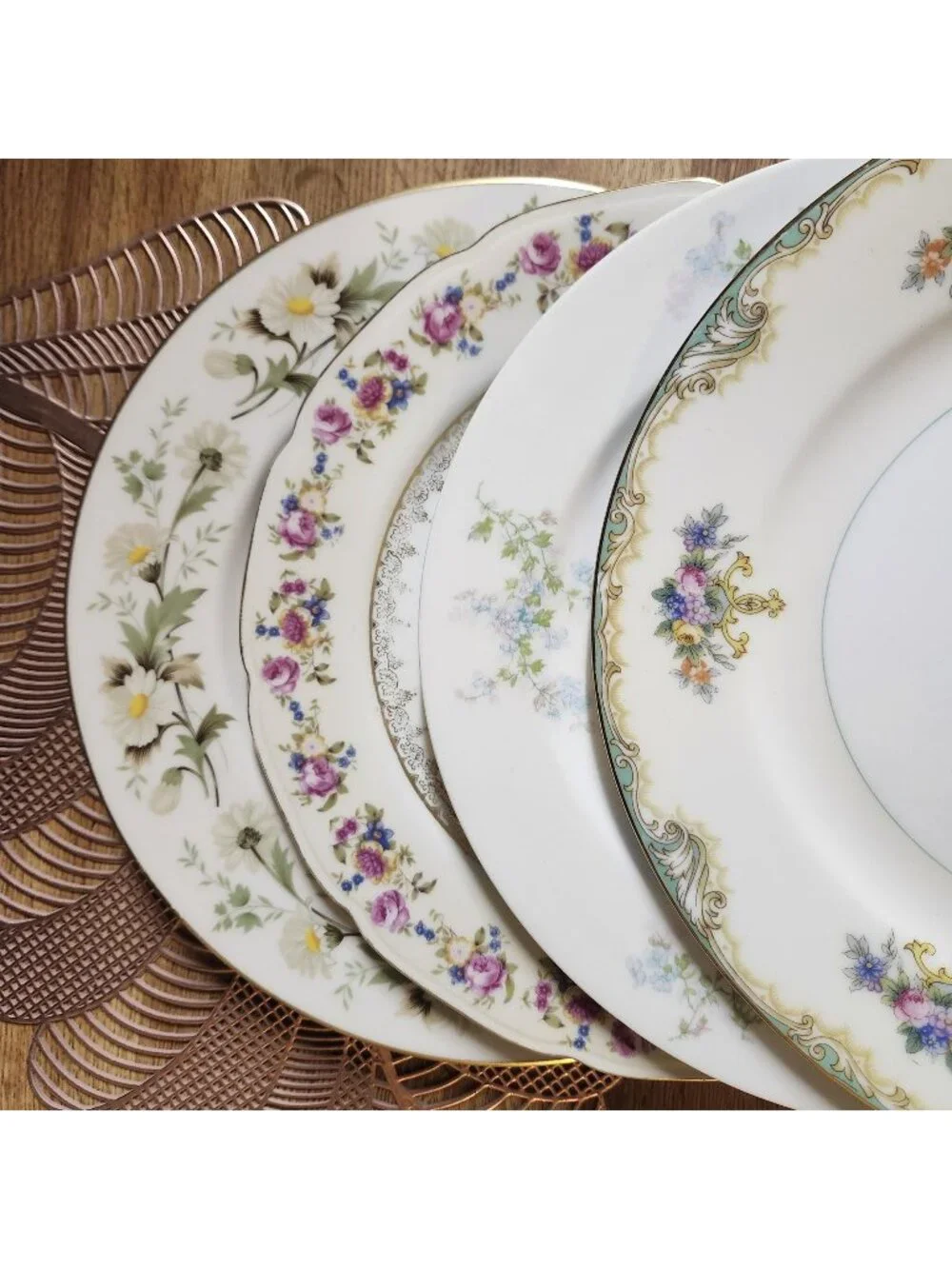 Mismatched Bright and Colorful China Dinner Plates Floral Set of 4 Porcelain